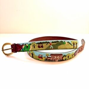VTG Fennell Needlepoint Golf Course Belt Mens Approx SZ 38 Leather Brass Buckle